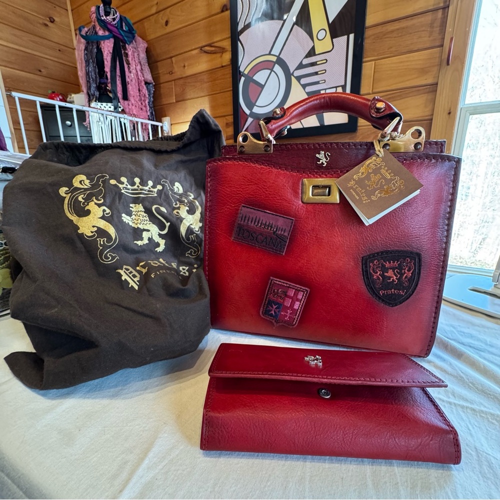 NWT Pratesi Red Leather handbag with crossbody strap AND Matching Wallet
